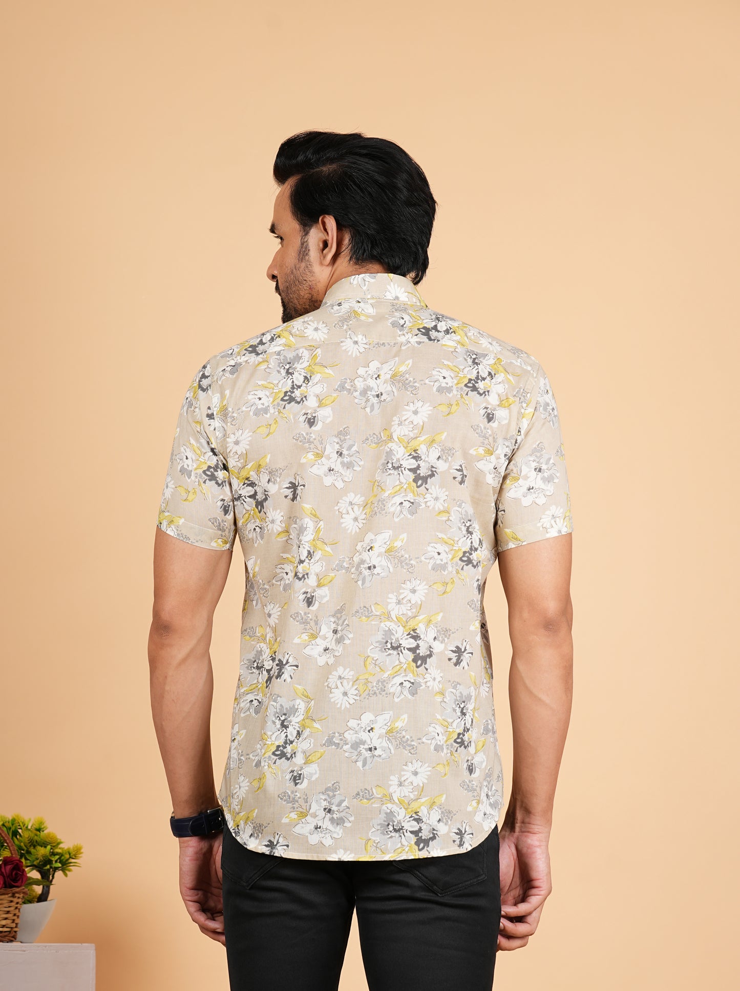 Beige Floral Printed Half Sleeves Shirts for Men's