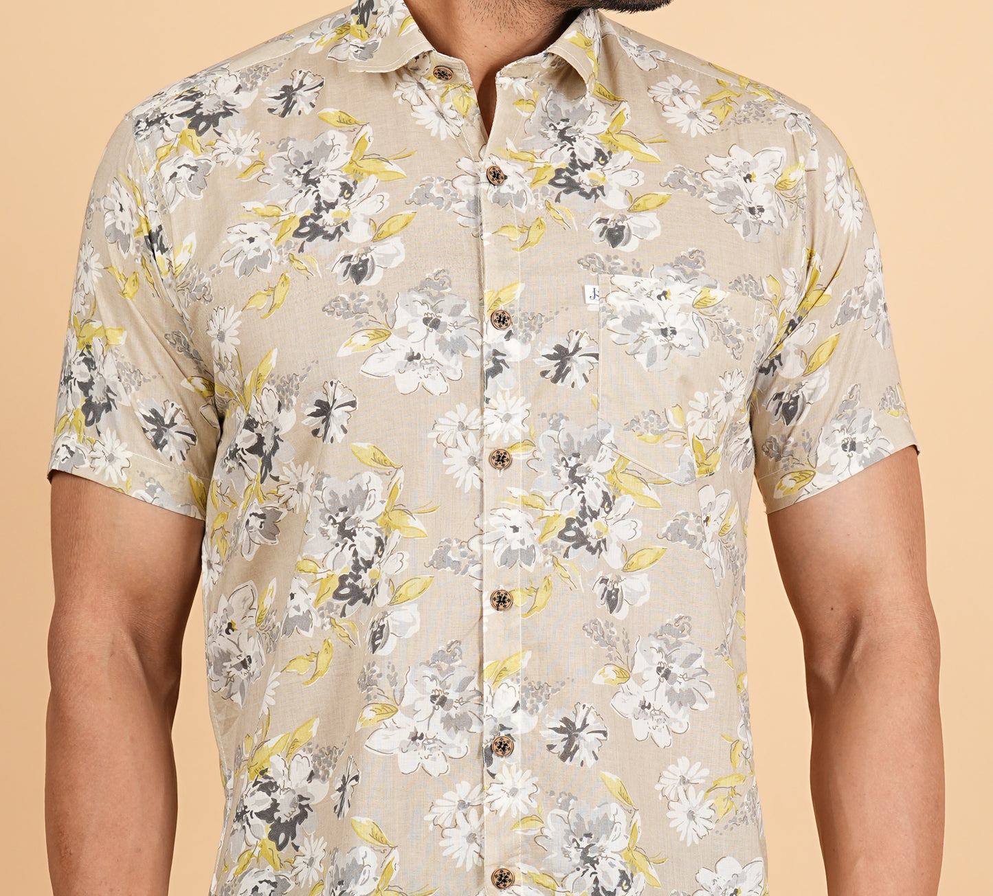 Beige Floral Printed Half Sleeves Shirts for Men's