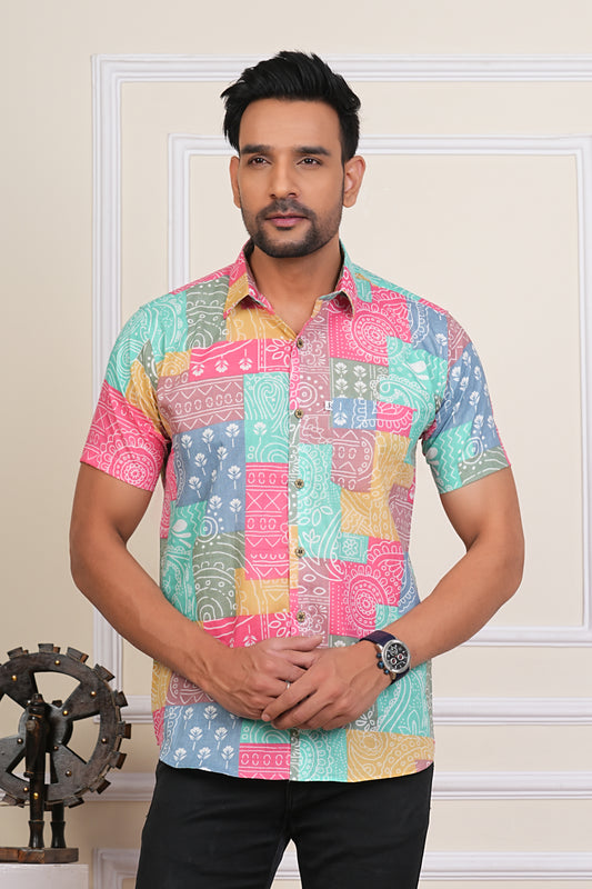 Ranglok Multicolor Sanganeri Cotton Mens Half Sleeves Shirt
