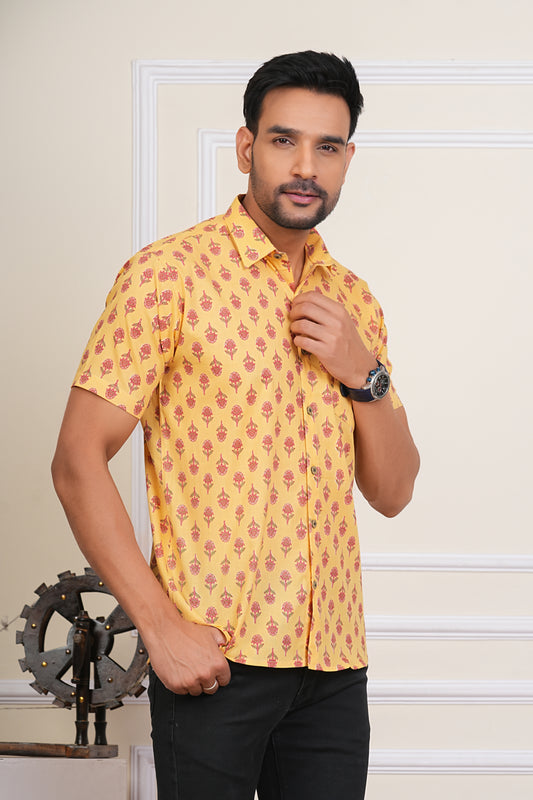 Kesariya Booti-Yellow Mens Half Sleeves Sanganeri Cotton Shirt