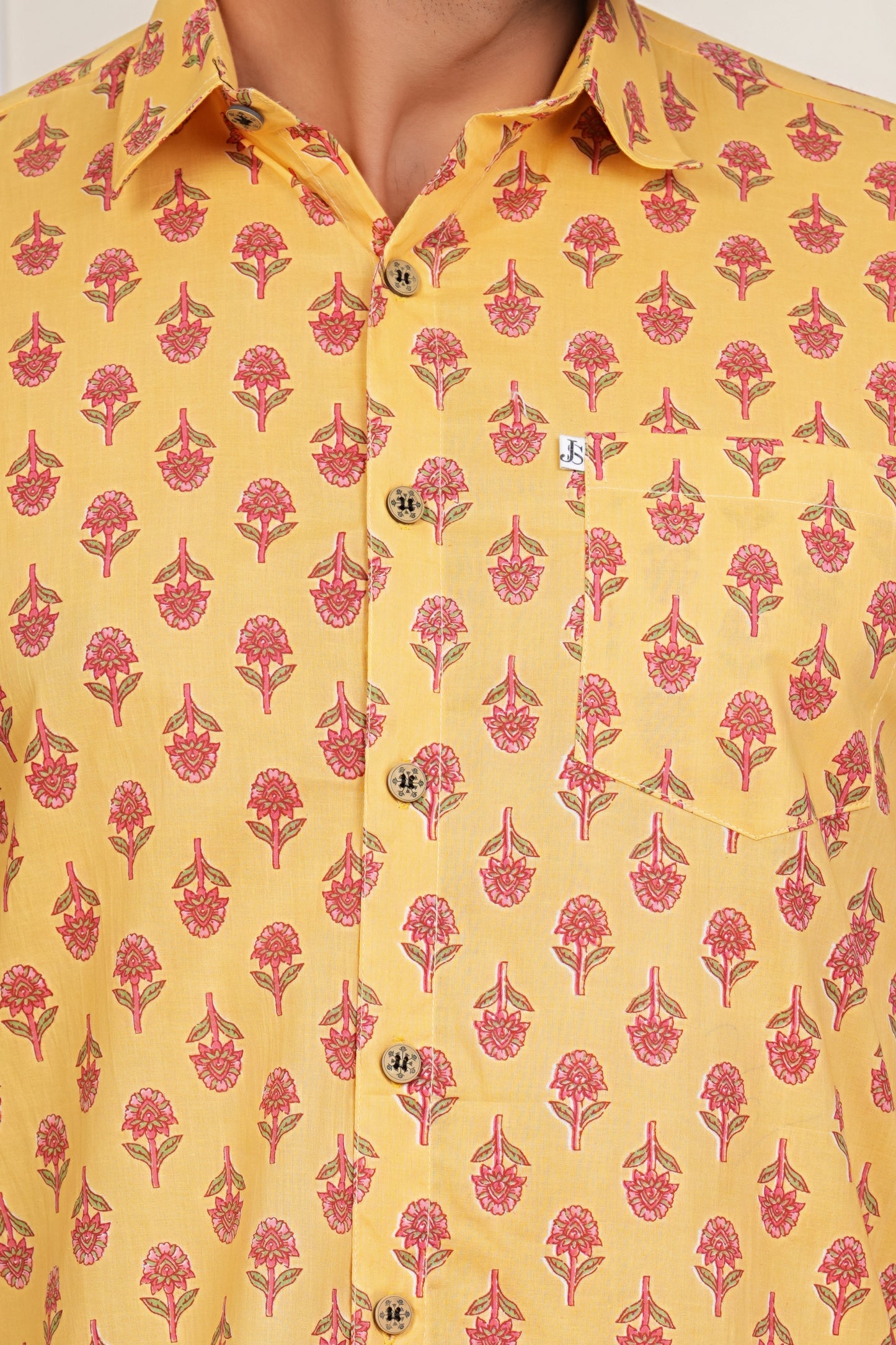 Kesariya Booti-Yellow Mens Half Sleeves Sanganeri Cotton Shirt