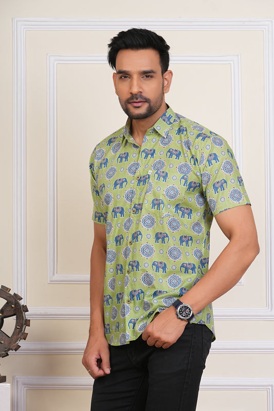 Hathi Mahal – Green Sanganeri Mens Half Sleeves Cotton Shirt