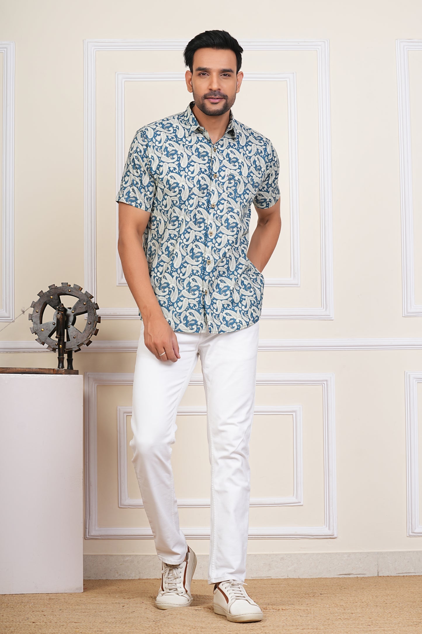 Blue Ambi Hand block Print Plus Size Mens Half Sleeves Cotton Shirt