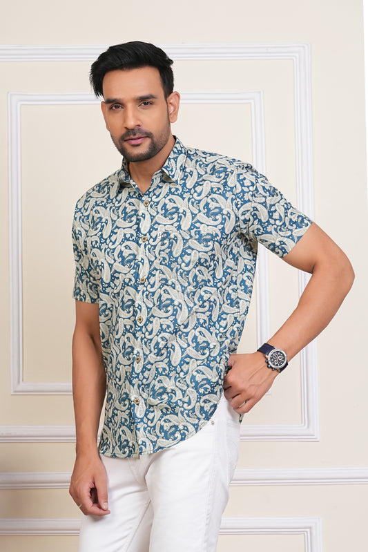 Blue Ambi Hand block Print Mens Half Sleeves Cotton Shirt
