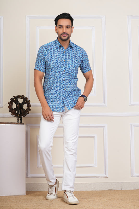 Indigo Mughal Jaal Printed Plus Size Mens Half Sleeves Cotton Shirt