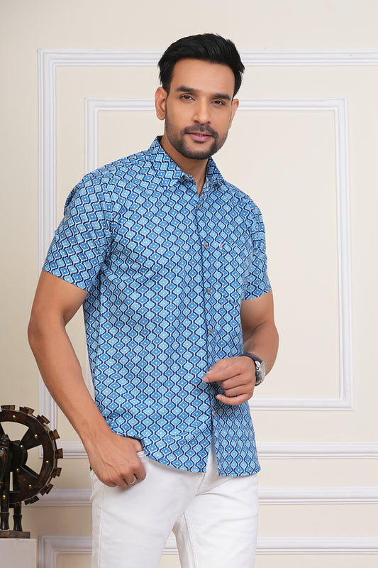 Indigo Mughal Jaal Printed Mens Half Sleeves Cotton Shirt