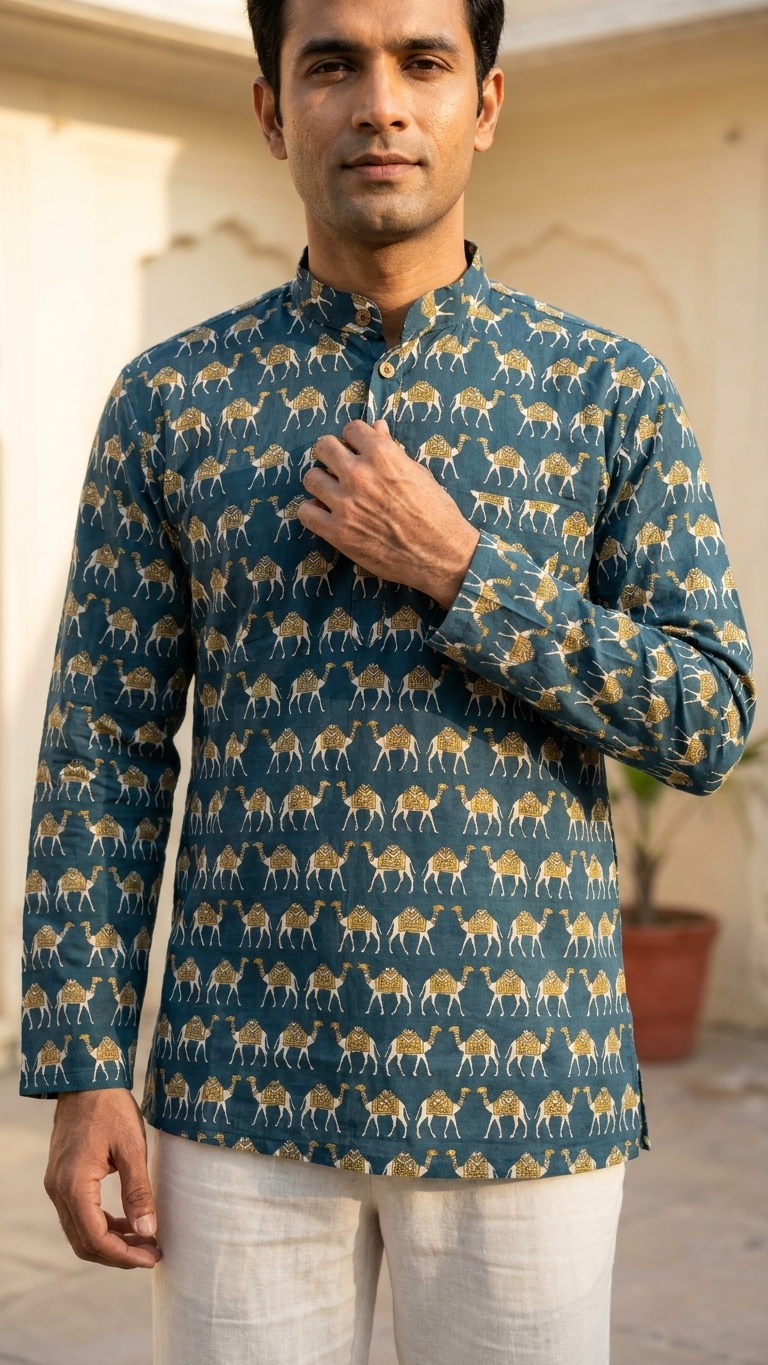 Desert Camel Printed Full Sleeves Short Kurta for Men