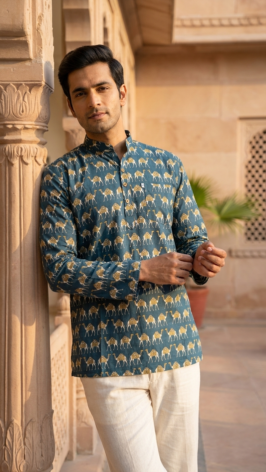 Desert Camel Printed Full Sleeves Short Kurta for Men