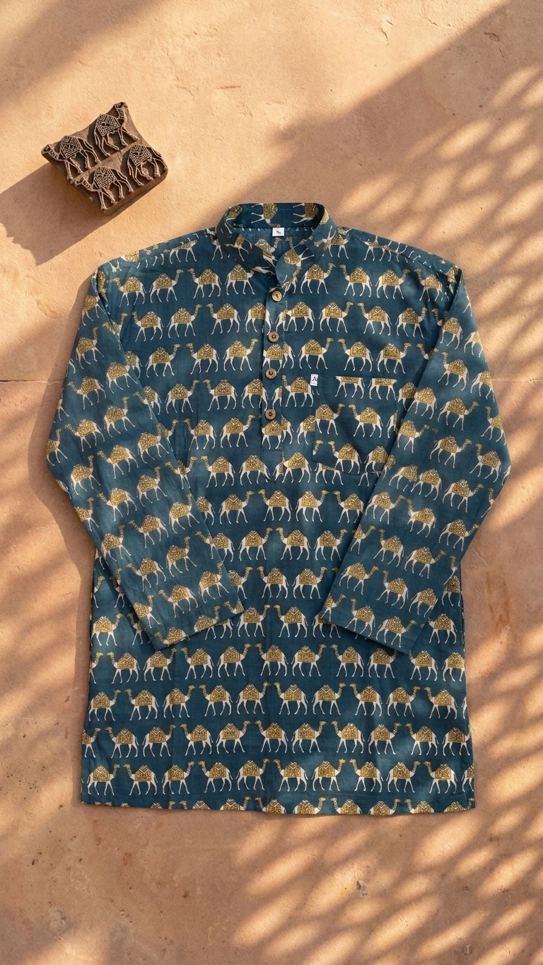 Desert Camel Printed Full Sleeves Short Kurta for Men