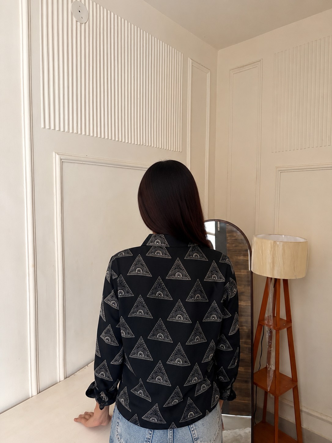 Black Geometric Triangle Printed Women’s Cotton Shirt