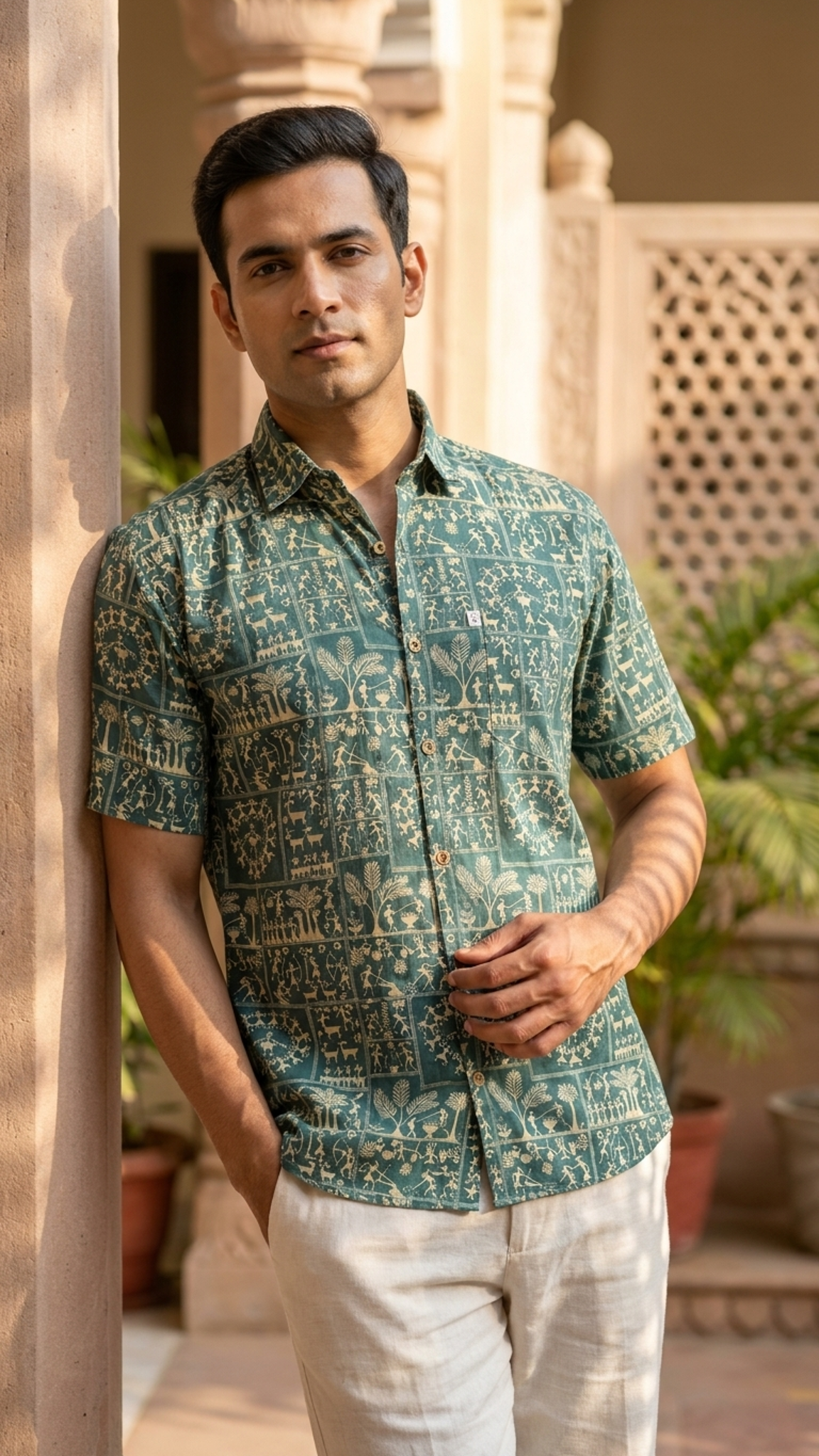 Green Patch Warli Printed Mens Half Sleeves Shirt