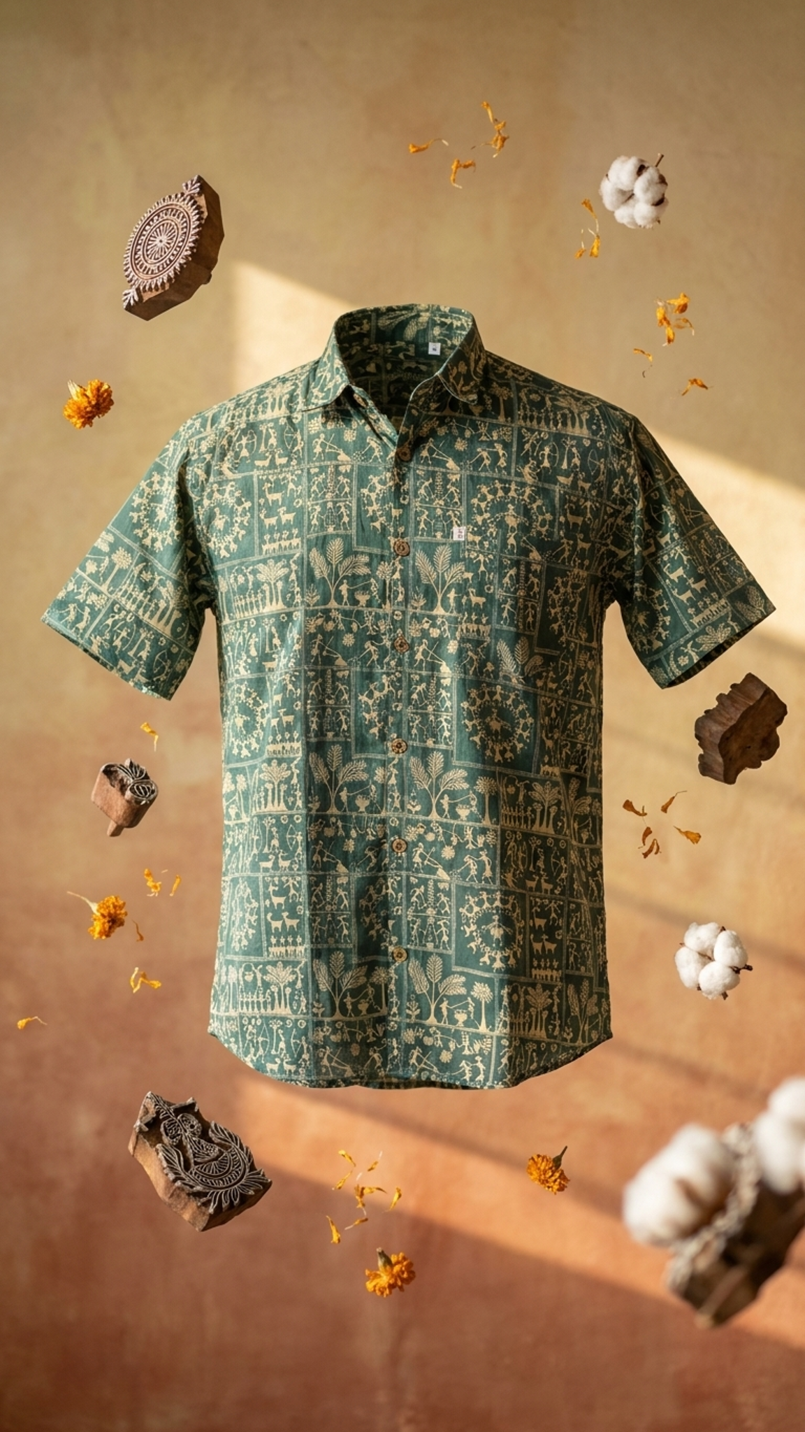 Green Patch Warli Printed Mens Half Sleeves Shirt
