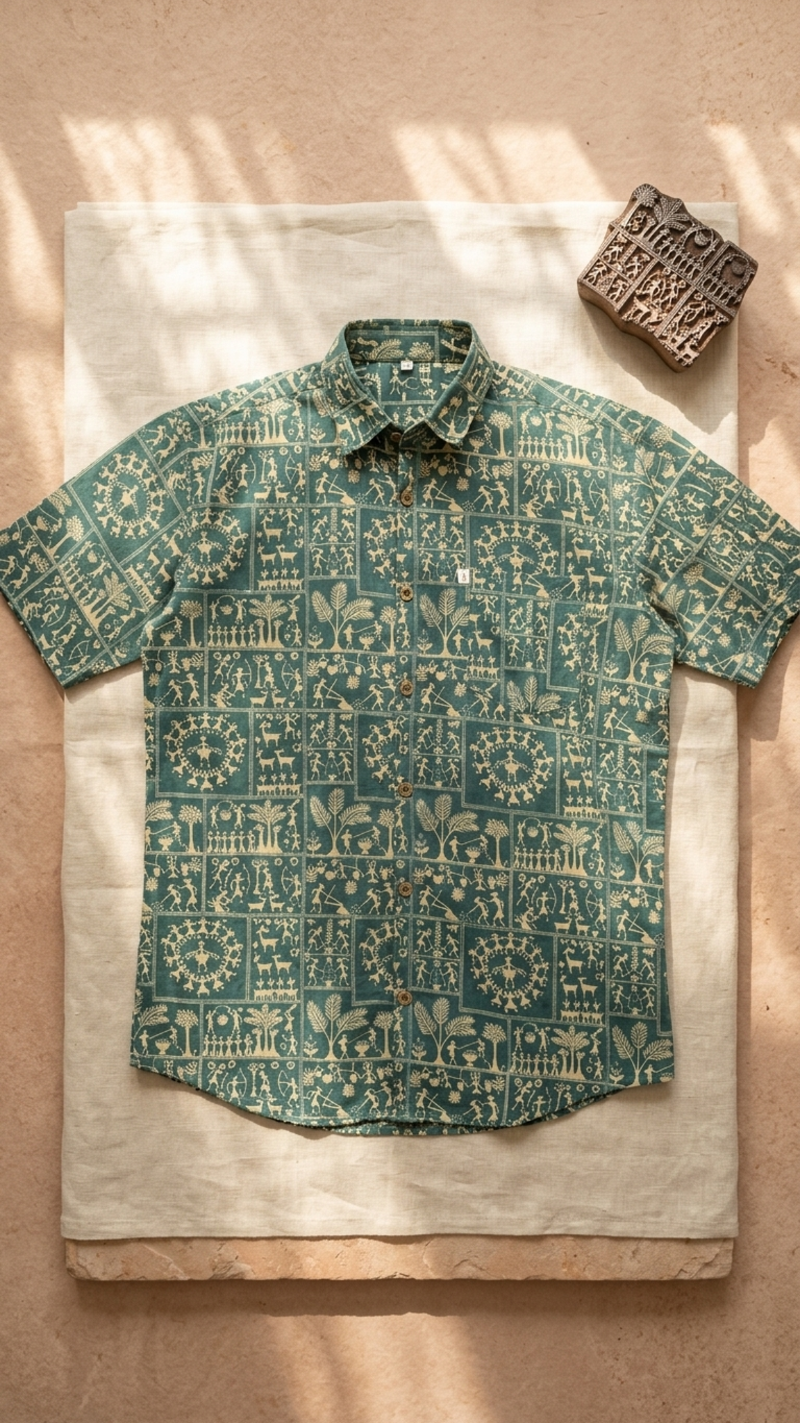 Green Patch Warli Printed Mens Half Sleeves Shirt