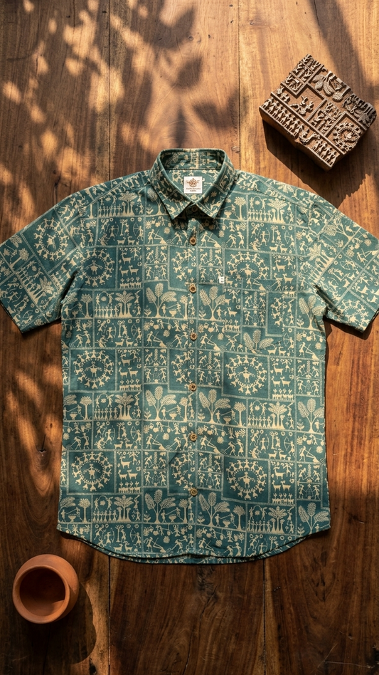 Green Patch Warli Printed Mens Half Sleeves Shirt