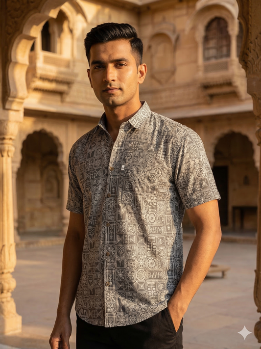 Grey Heritage Block Printed Half Sleeves Cotton Shirt for Men