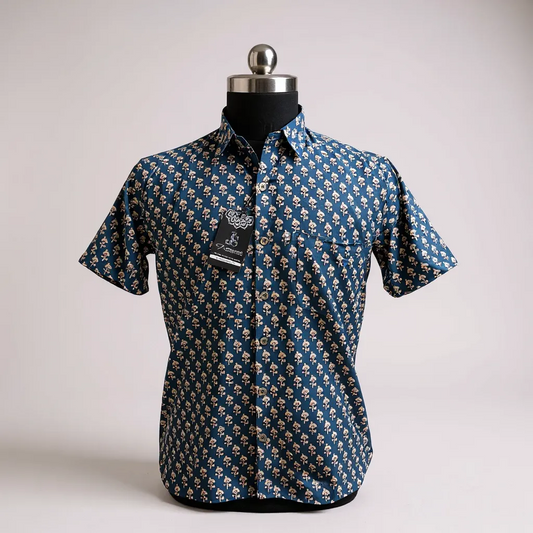 Blue and white small flower Printed Mens Half Sleeves Cotton Shirt