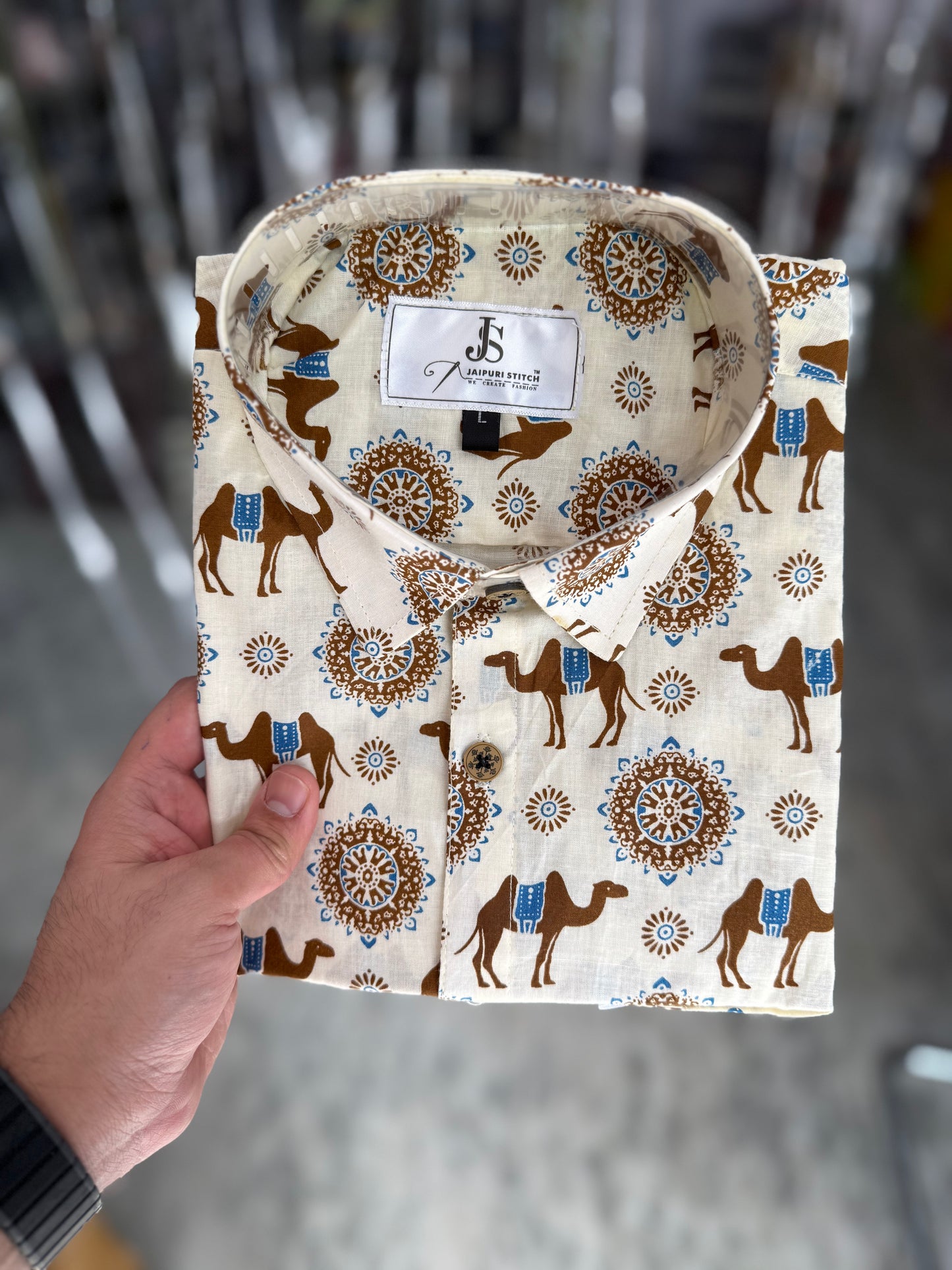 Ivory Brown Floral Camel Printed Men's Half Sleeves Cotton Shirt