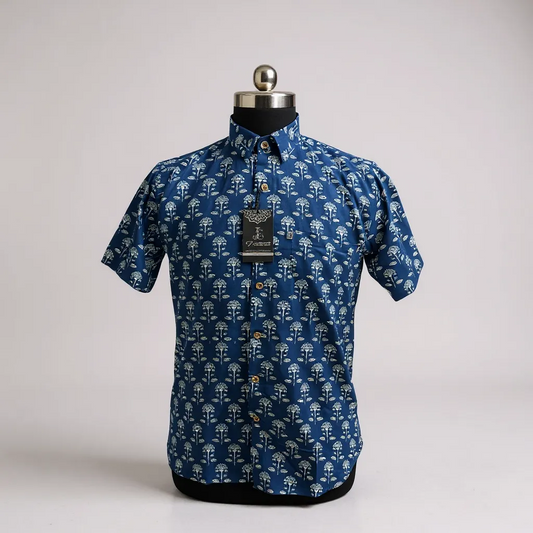 Blue Tree Motif Printed Mens Half Sleeves Cotton Shirt