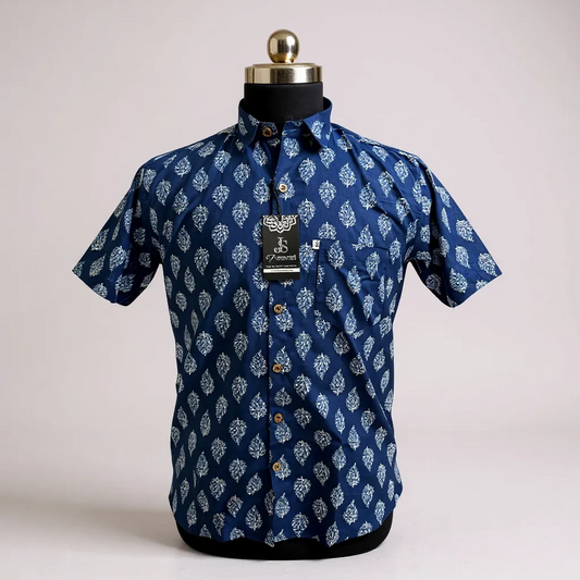 Blue Leaf Motif Printed Mens Half Sleeves Cotton Shirt