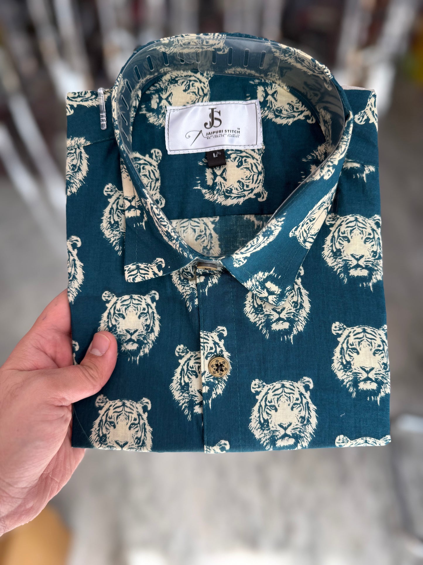 Cyan Tiger Printed Men's Half Sleeves Cotton Shirt