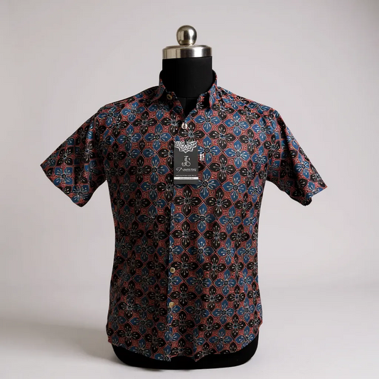 Geometric Floral Printed Mens Half Sleeves Cotton Shirt