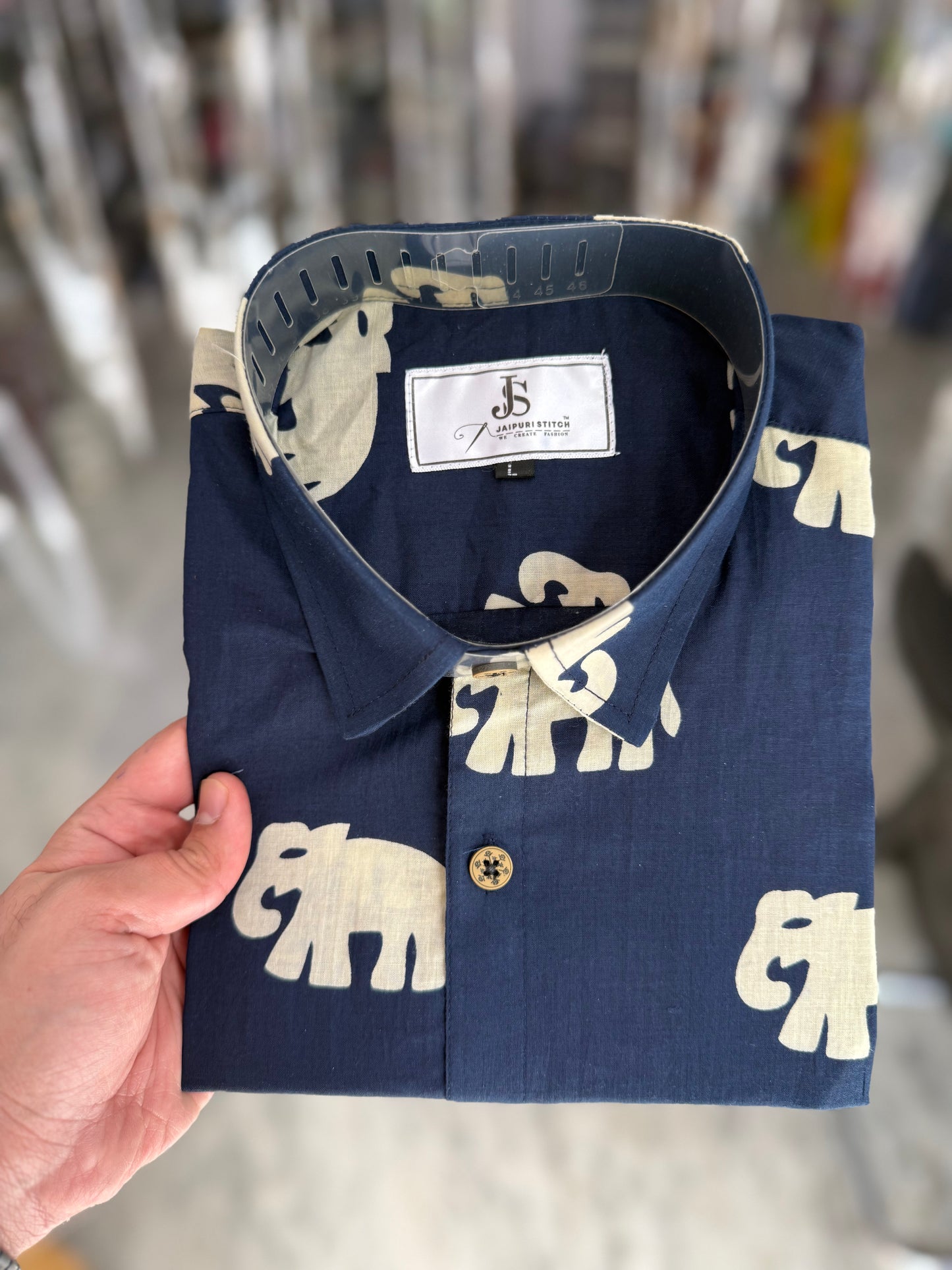 Blue Big Elephant Printed Men's Half Sleeves Cotton Shirt
