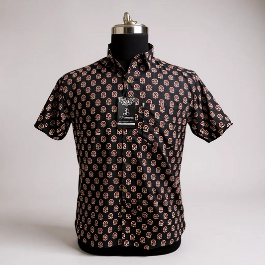 Black Floral Booti Printed Mens Half Sleeves Cotton Shirt
