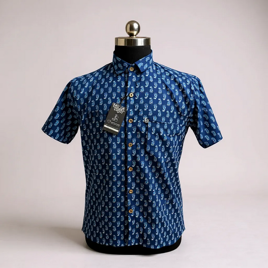 Blue Hand Motif Printed Mens Half Sleeves Cotton Shirt