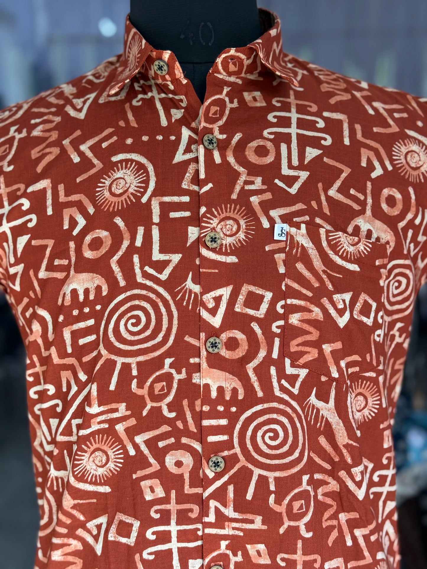 Rust Tribal Symbol Printed Men's Half Sleeves Cotton Shirt
