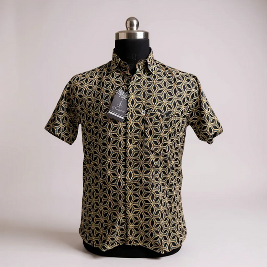 Golden Lattice Printed Mens Half Sleeves Cotton Shirt