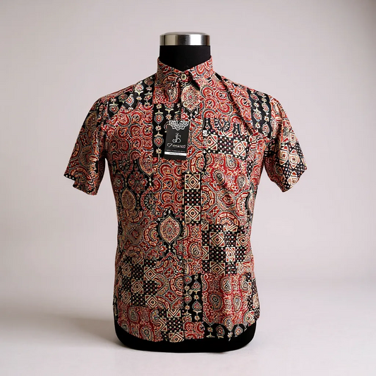 Red Ajrakh Patchwork Printed Mens Half Sleeves Cotton Shirt