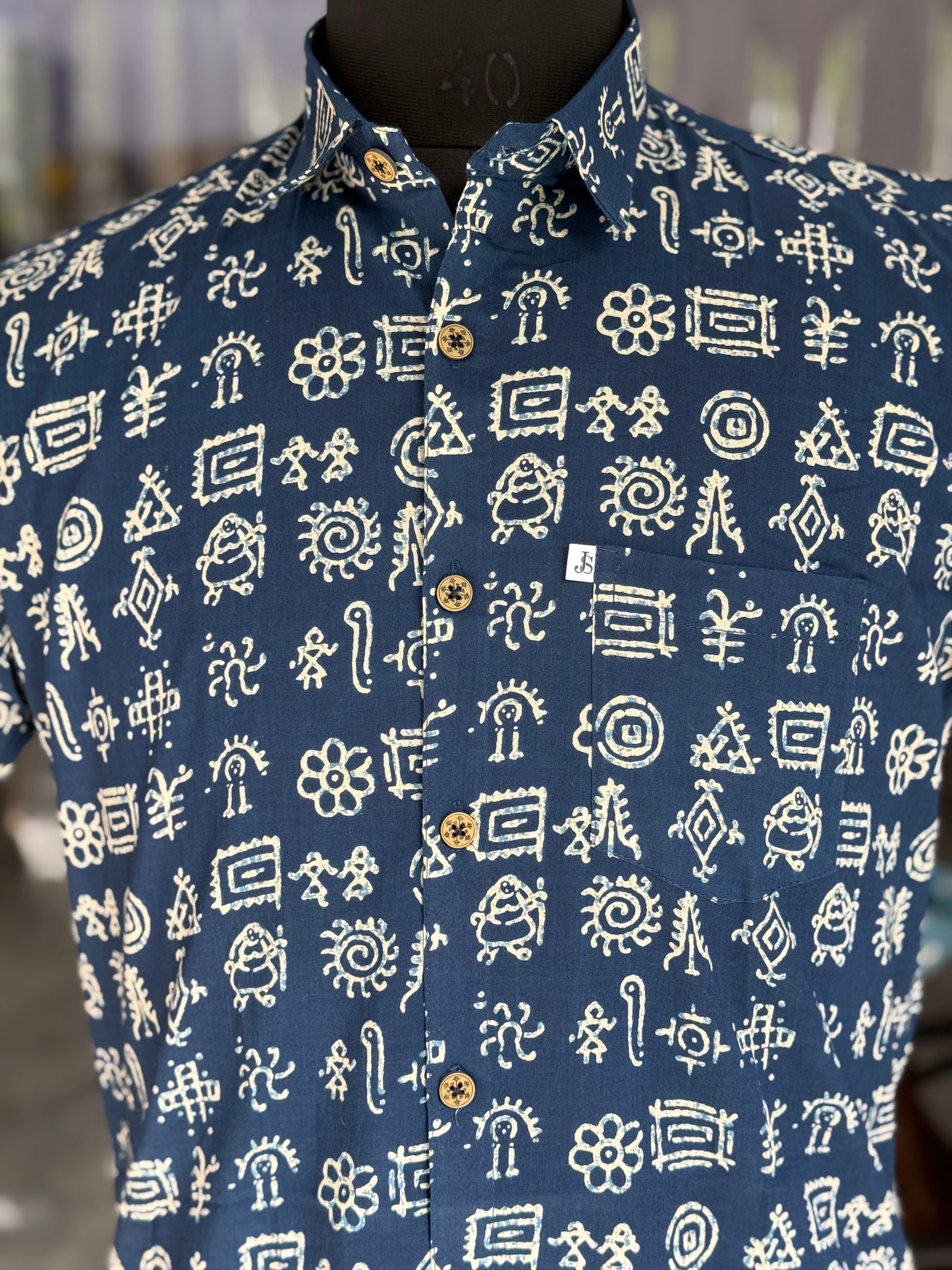 Blue Folk Symbol Printed Men's Half Sleeves Cotton Shirt
