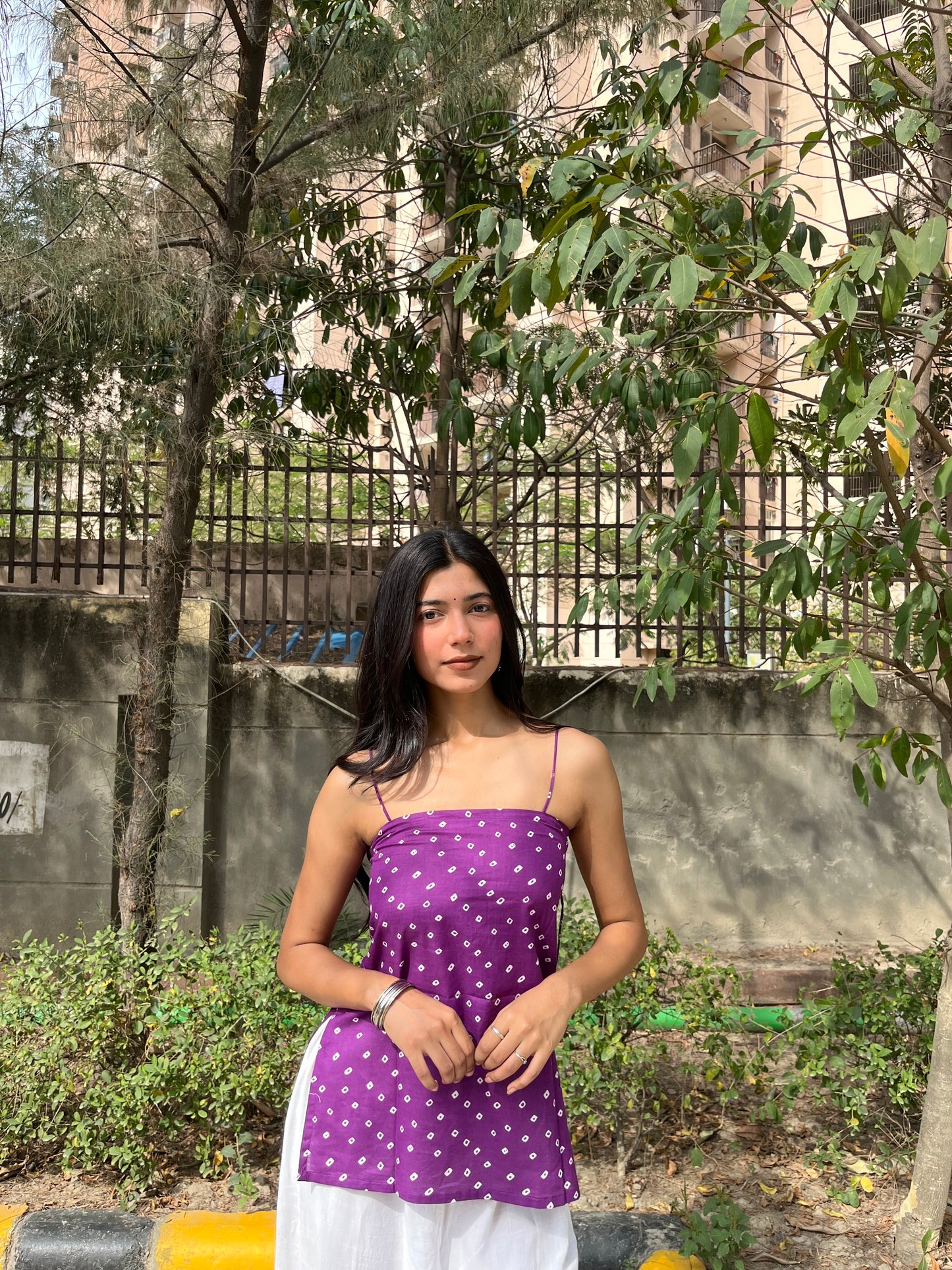 Purple Bandhani Cotton Spaghetti Top for Women