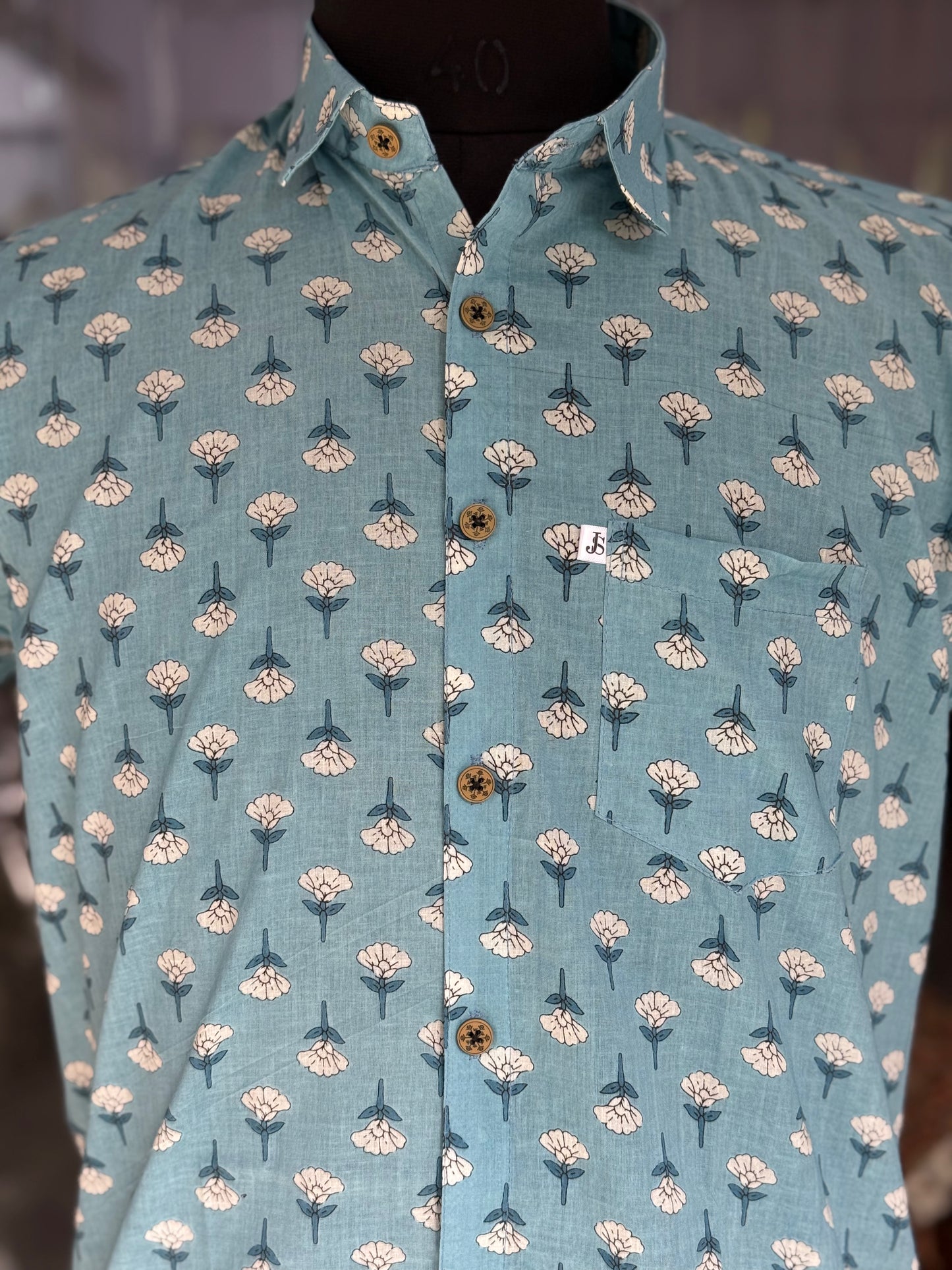 Sky Blue Mini Booti Printed Men's Half Sleeves Cotton Shirt