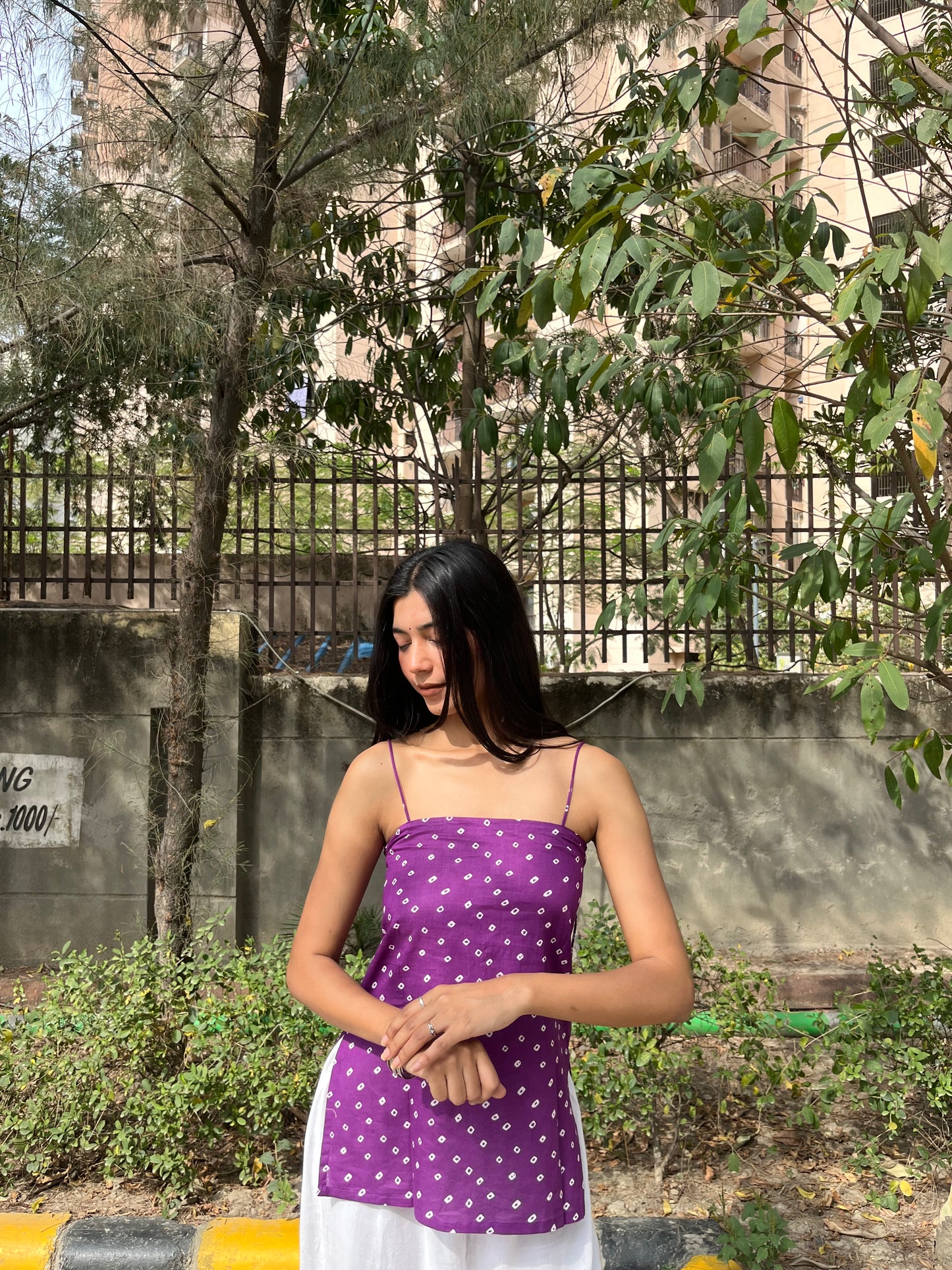 Purple Bandhani Cotton Spaghetti Top for Women