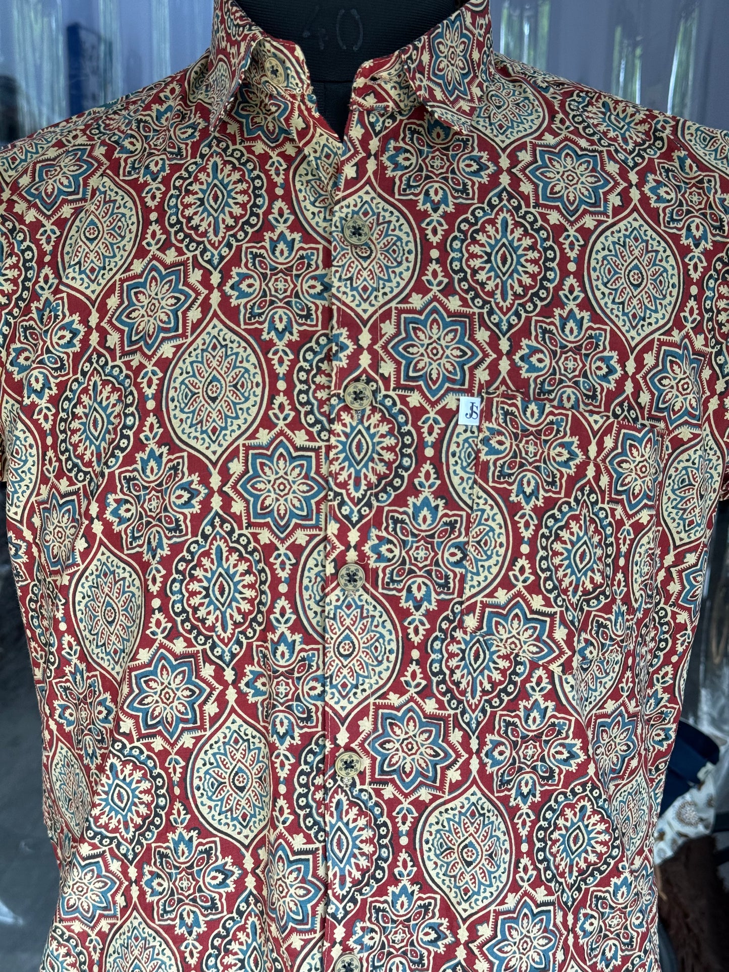 Red Ajrak Medallion Printed Men's Half Sleeves Cotton Shirt