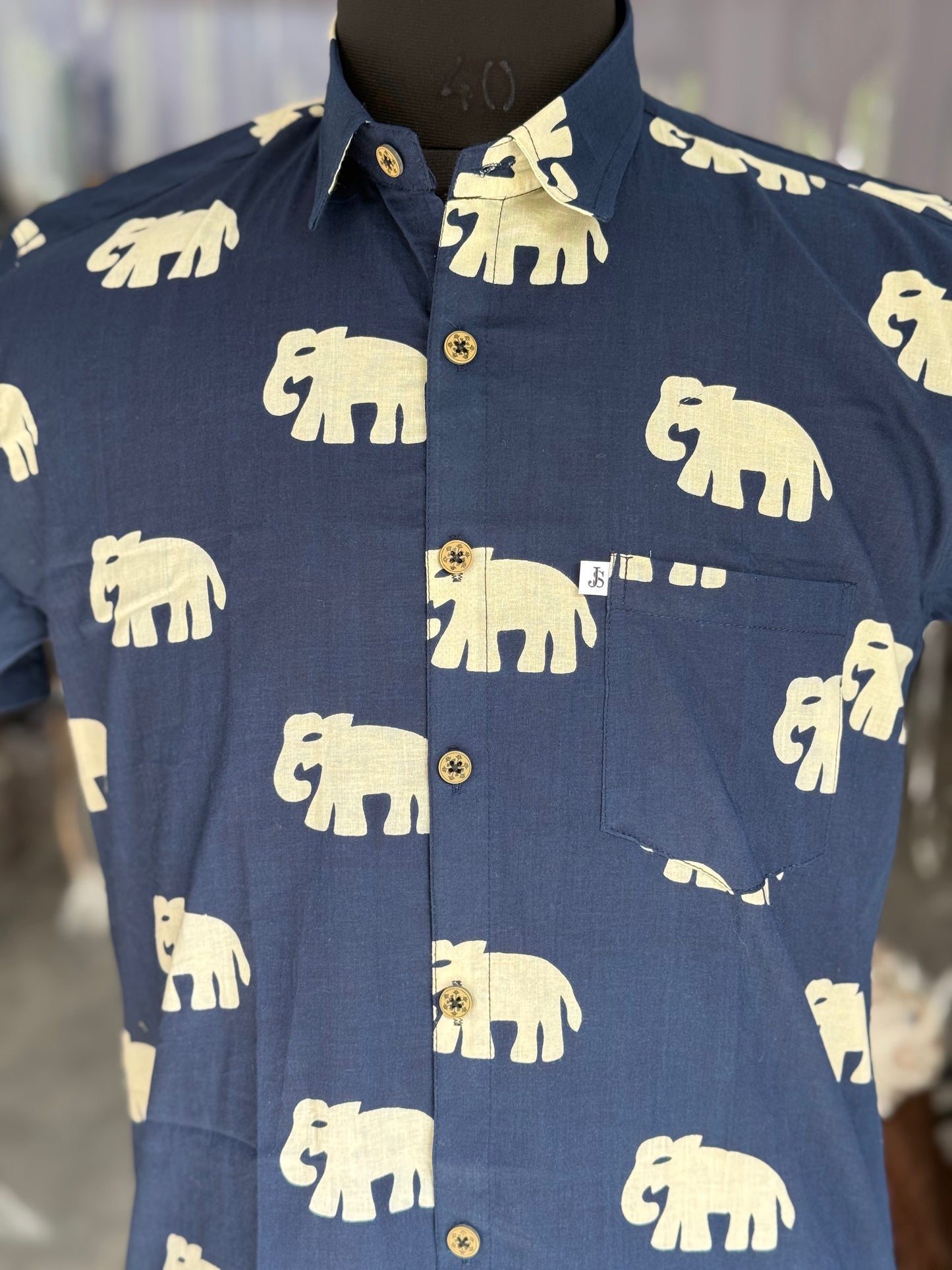 Blue Big Elephant Printed Men's Half Sleeves Cotton Shirt