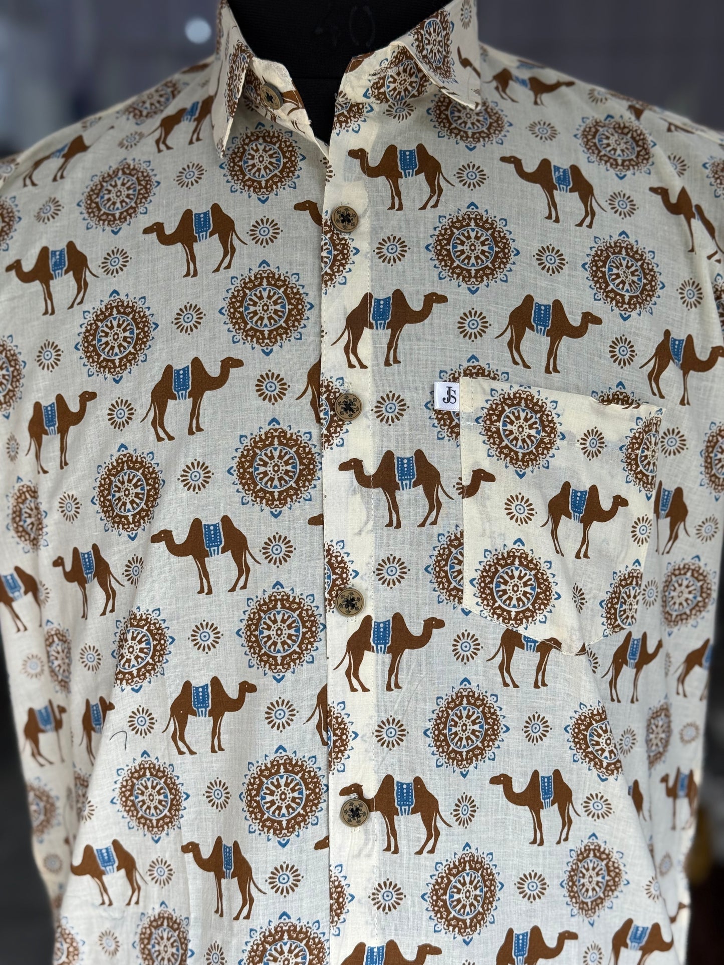 Ivory Brown Floral Camel Printed Men's Half Sleeves Cotton Shirt