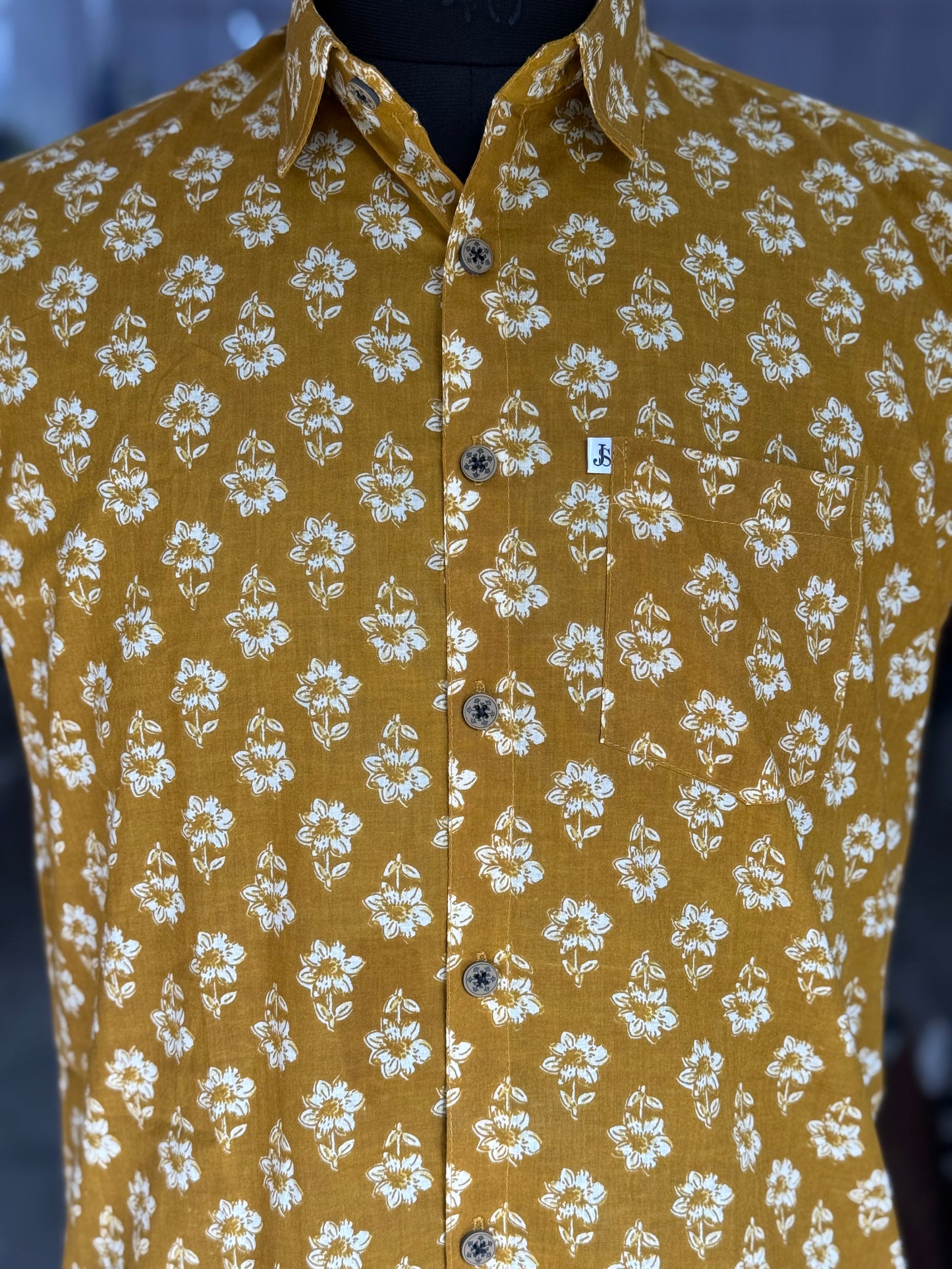 Mustard White Floral Printed Men's Half Sleeves Cotton Shirt