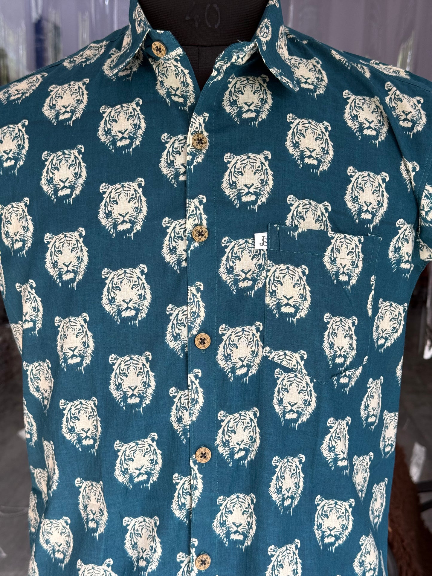 Cyan Tiger Printed Men's Half Sleeves Cotton Shirt