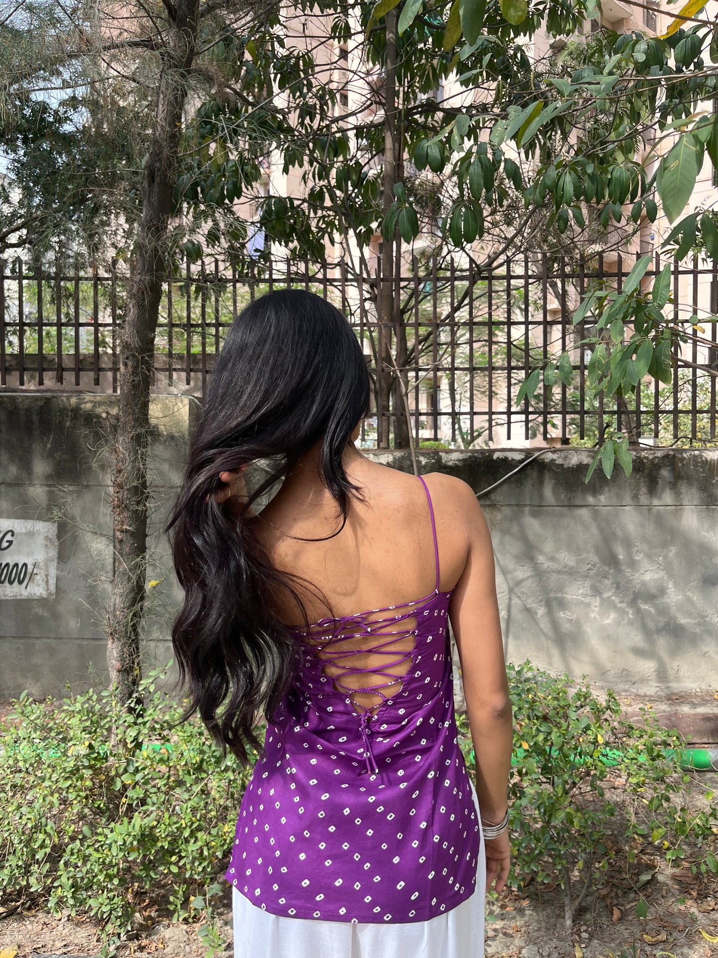 Purple Bandhani Cotton Spaghetti Top for Women