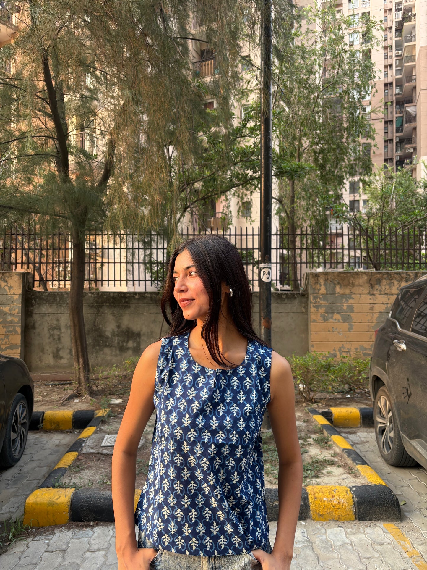 Indigo Floral Buti Printed Cotton Sleeveless Top for Women