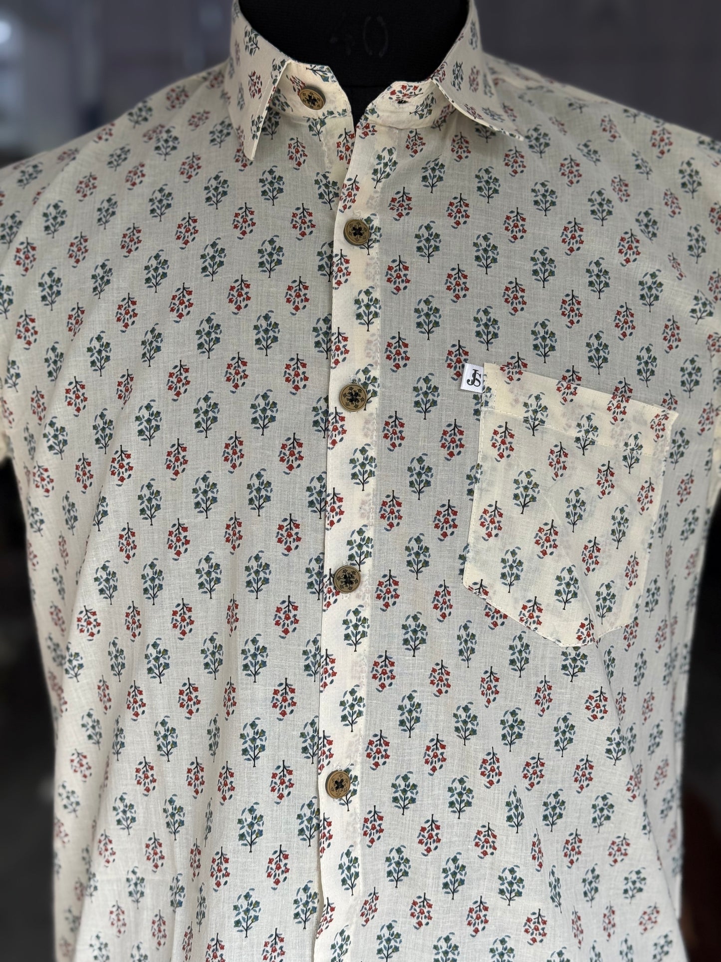 White Blue Small Booti Printed Men's Half Sleeves Cotton Shirt