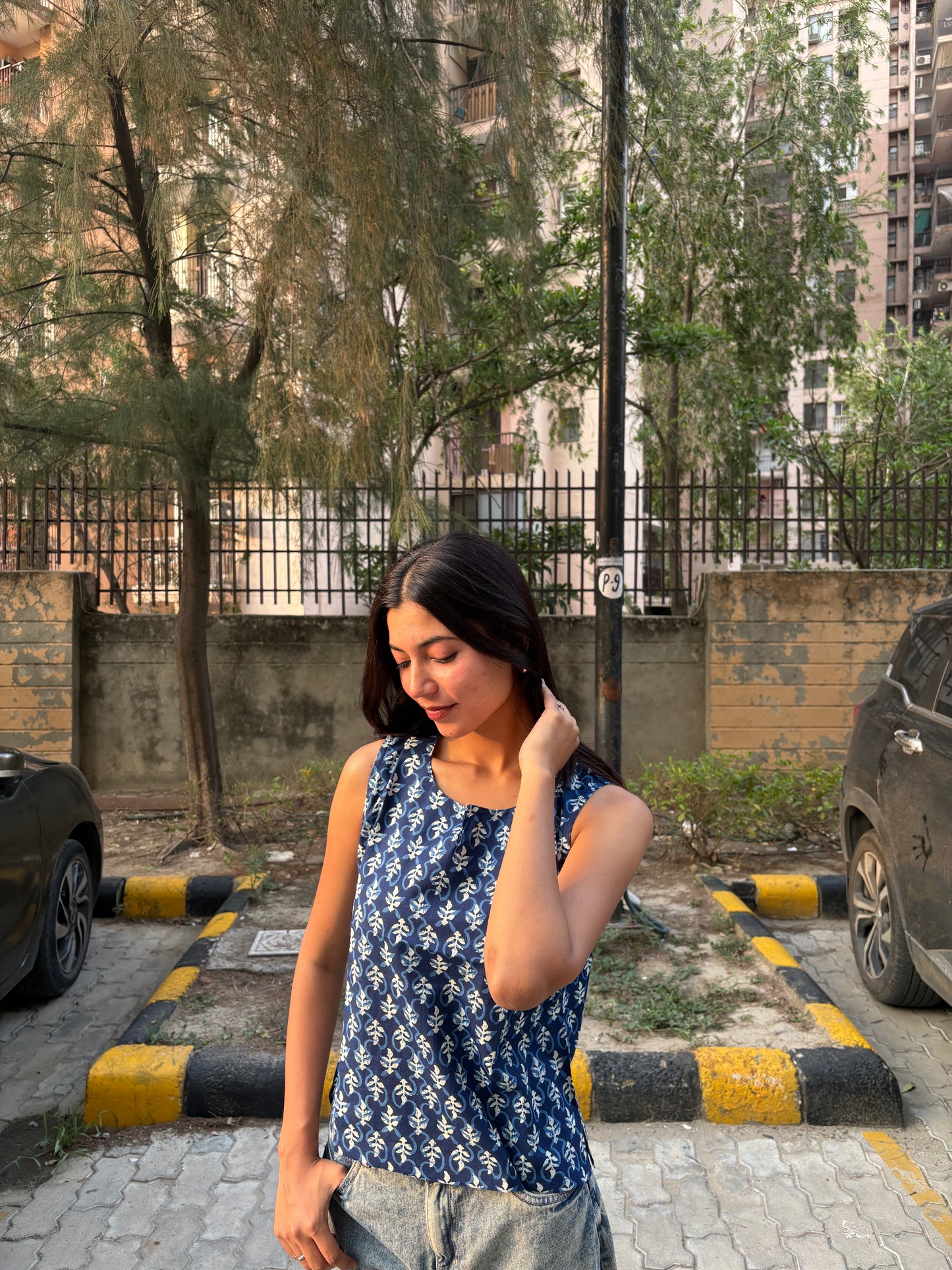 Indigo Floral Buti Printed Cotton Sleeveless Top for Women