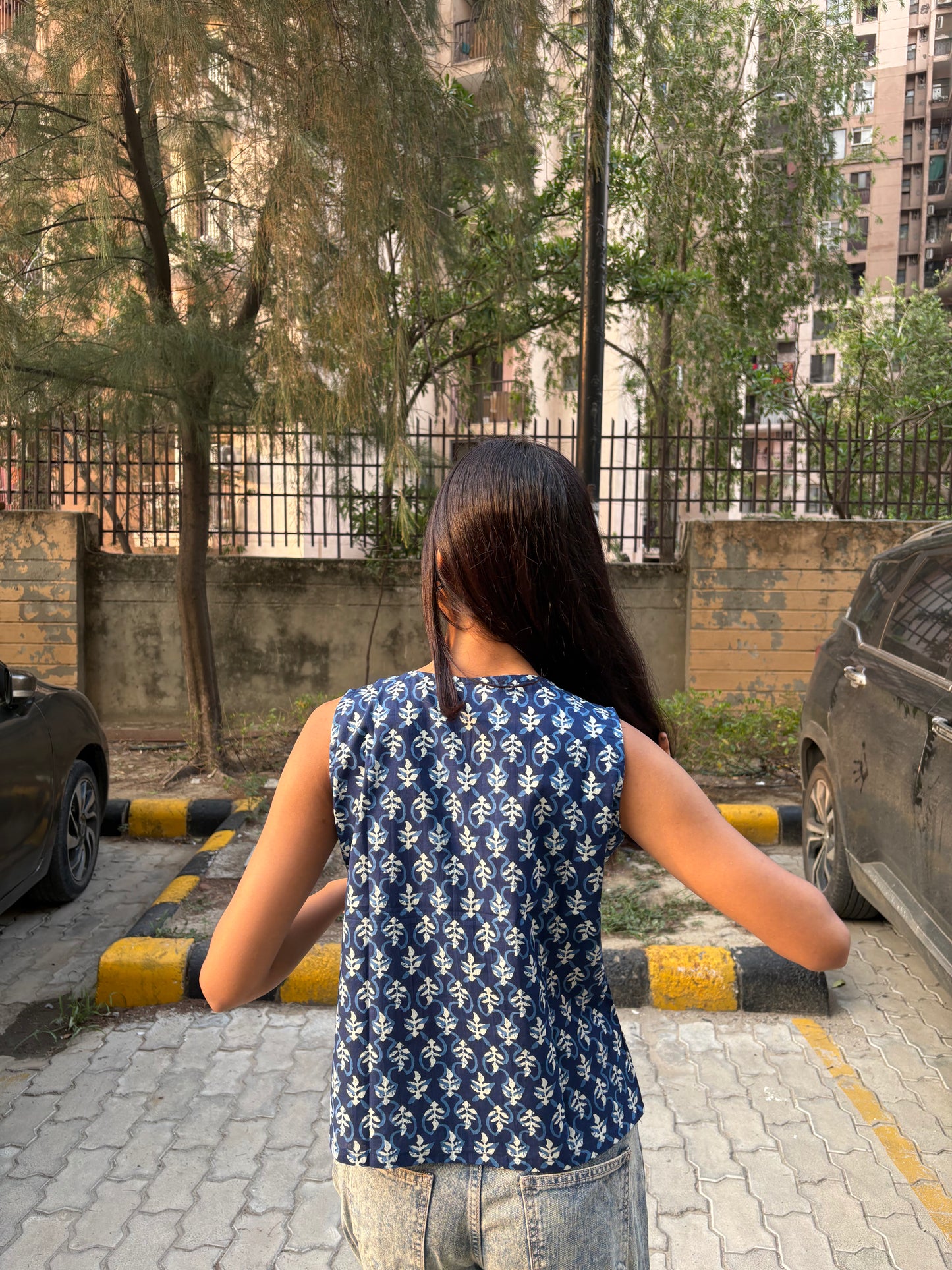 Indigo Floral Buti Printed Cotton Sleeveless Top for Women