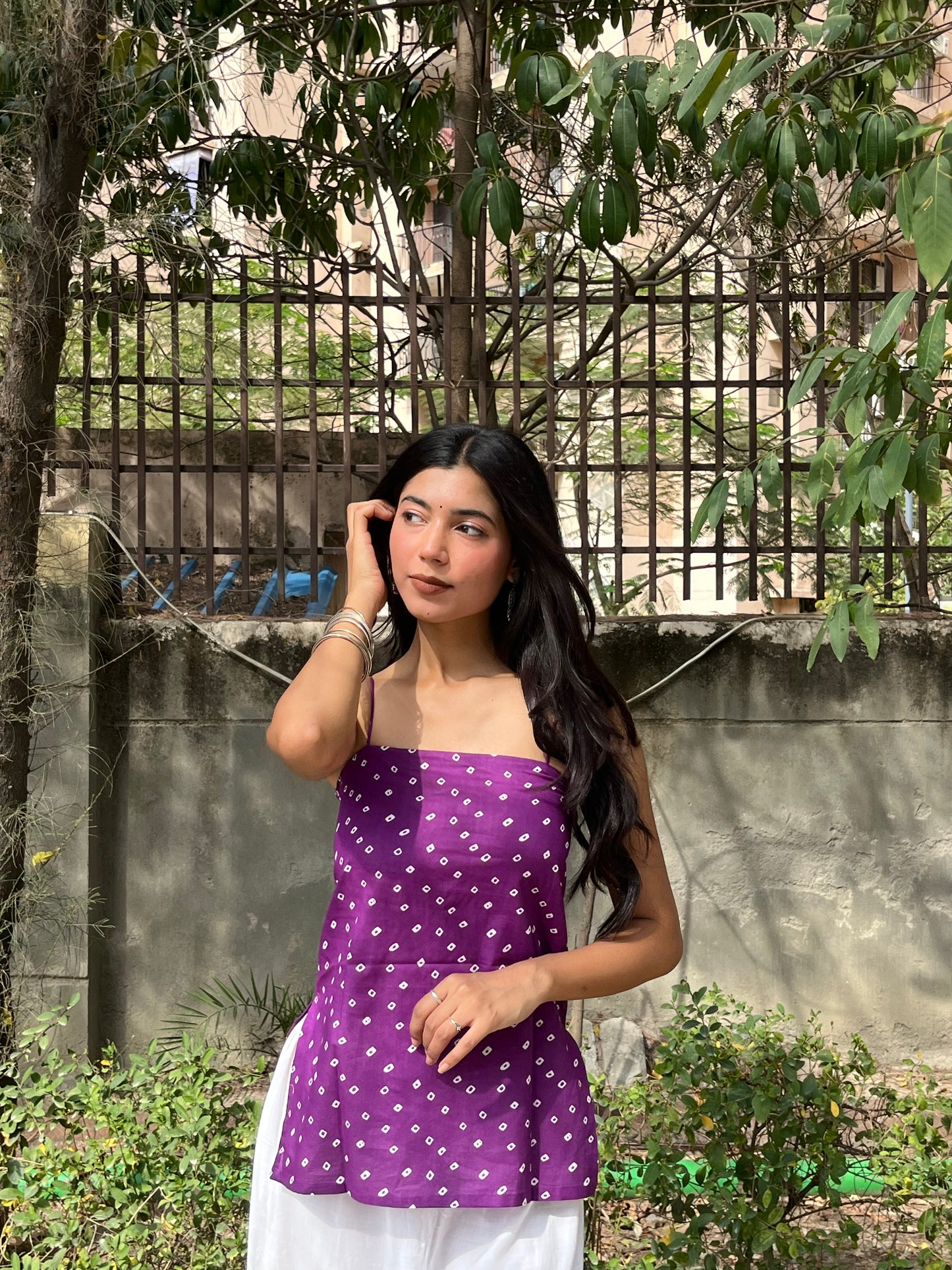 Purple Bandhani Cotton Spaghetti Top for Women