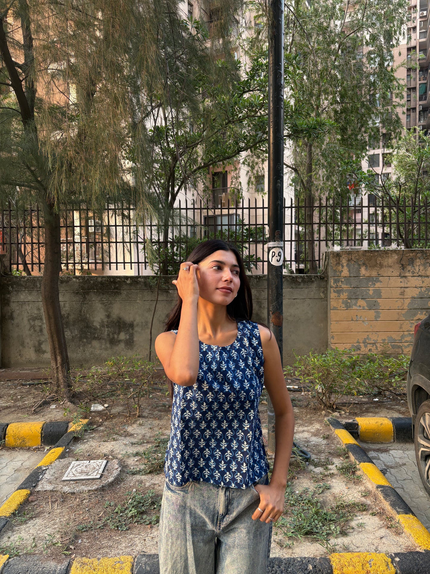 Indigo Floral Buti Printed Cotton Sleeveless Top for Women