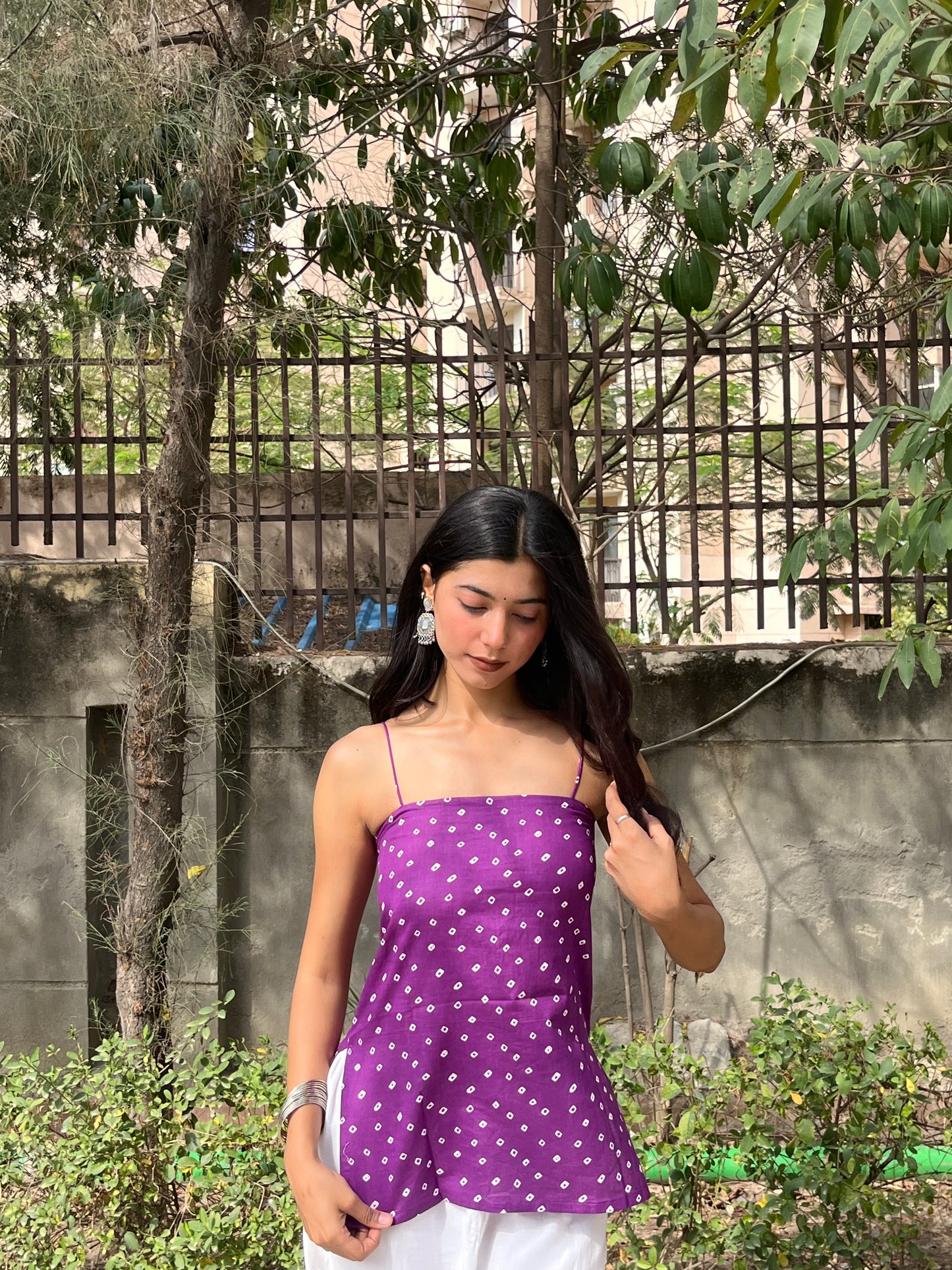 Purple Bandhani Cotton Spaghetti Top for Women