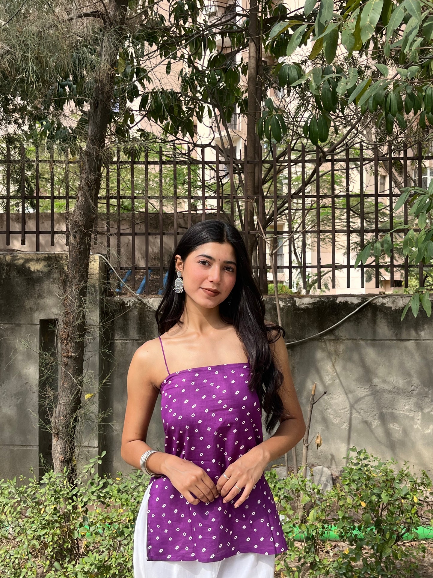 Purple Bandhani Cotton Spaghetti Top for Women