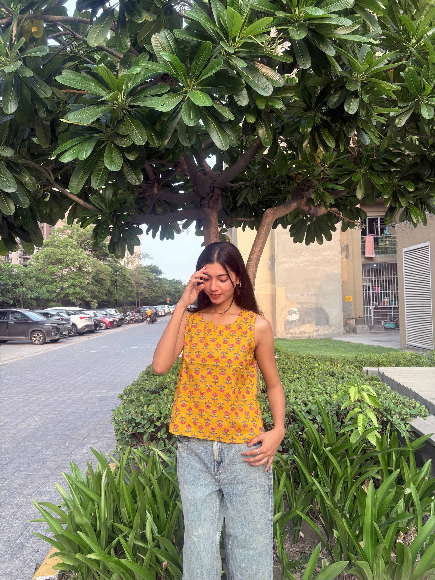 Mustard Floral Printed Cotton Sleeveless Top for Women